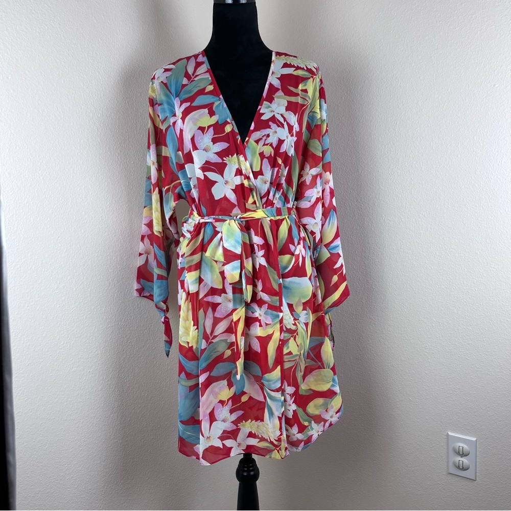 Josie Natori Robe Womens One Size Bright Tropical Floral Beach Island Kimono